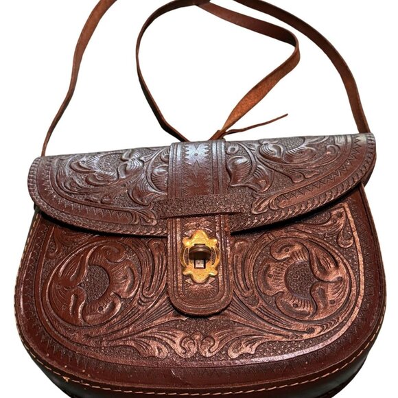 Vintage 1970 Brown Tooled Genuine Leather Crossbody Saddle Bag Western Floral Pu - Picture 1 of 14